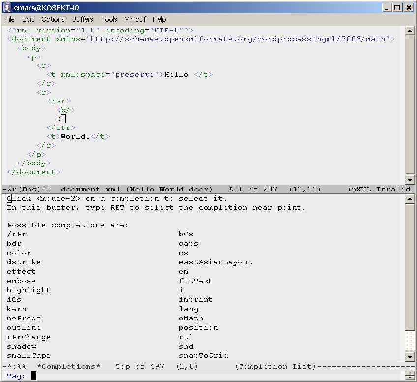Editing WordprocessingML inside Emacs